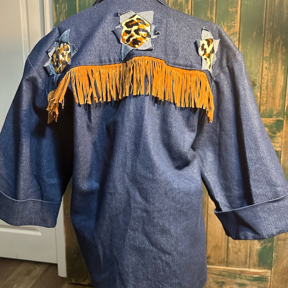 Oversized One-of-a-Kind Denim western Fringe Western Blazer  women size xl - Picture 11 of 16
